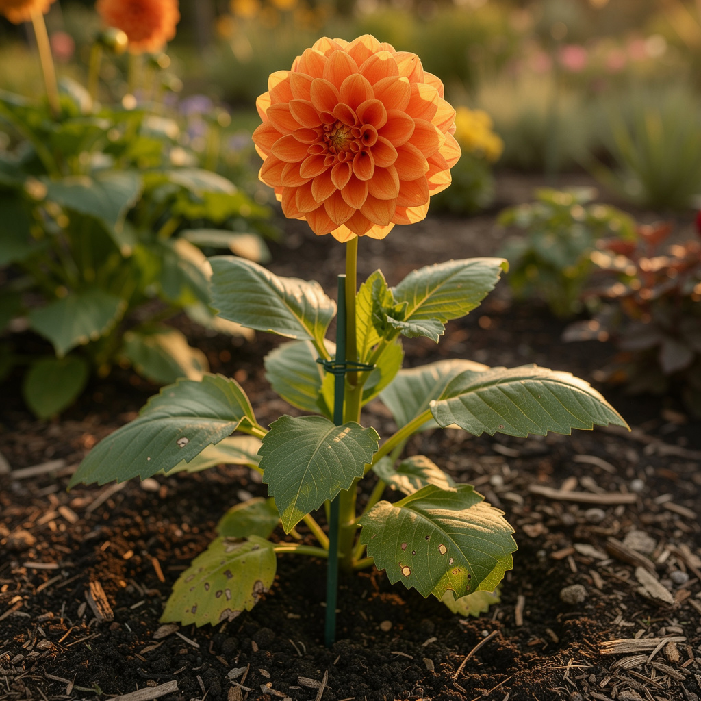 Dahlia orange à grandes têtes en massif estival
