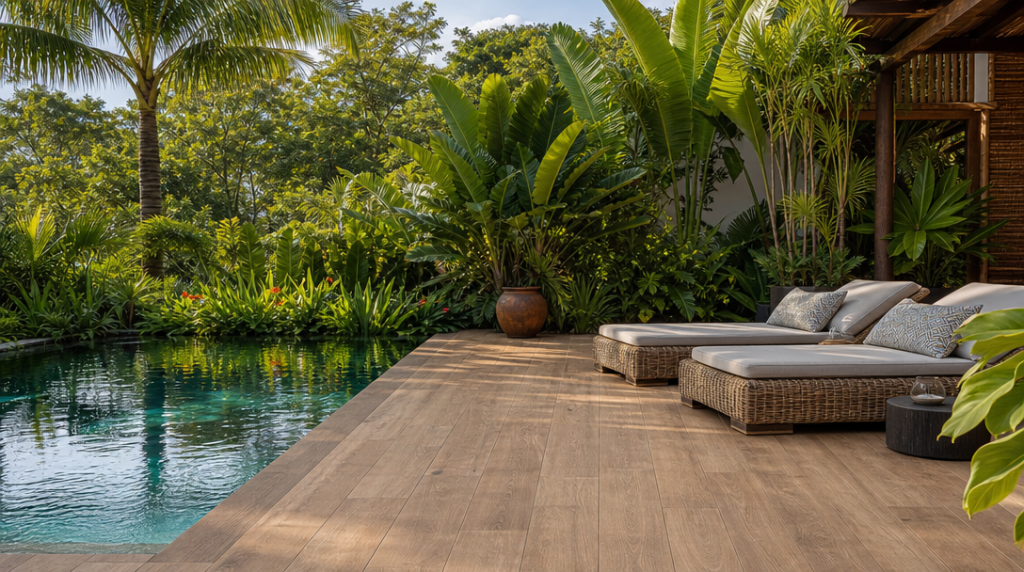 Deck en bois cérame près d'une piscine et palmiers