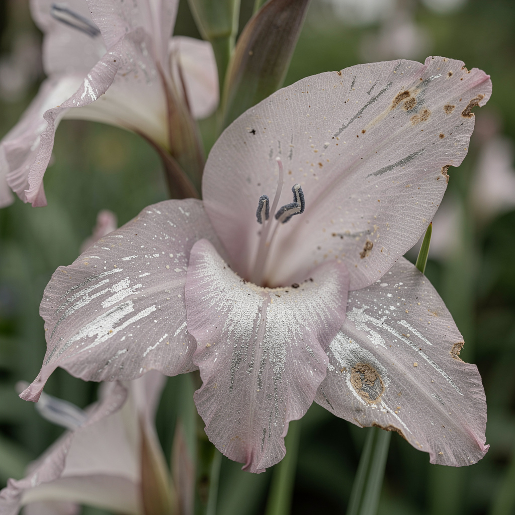 Fleur de glaïeul avec stries argentées typiques des thrips