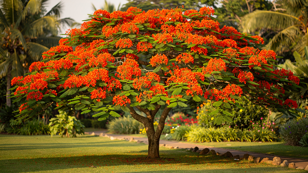 Flamboyant en pleine floraison rouge orangé au soleil