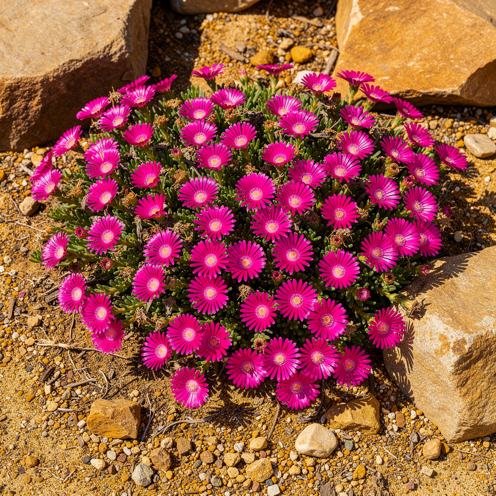 Tapis magenta de delosperma en rocaille ensoleillée