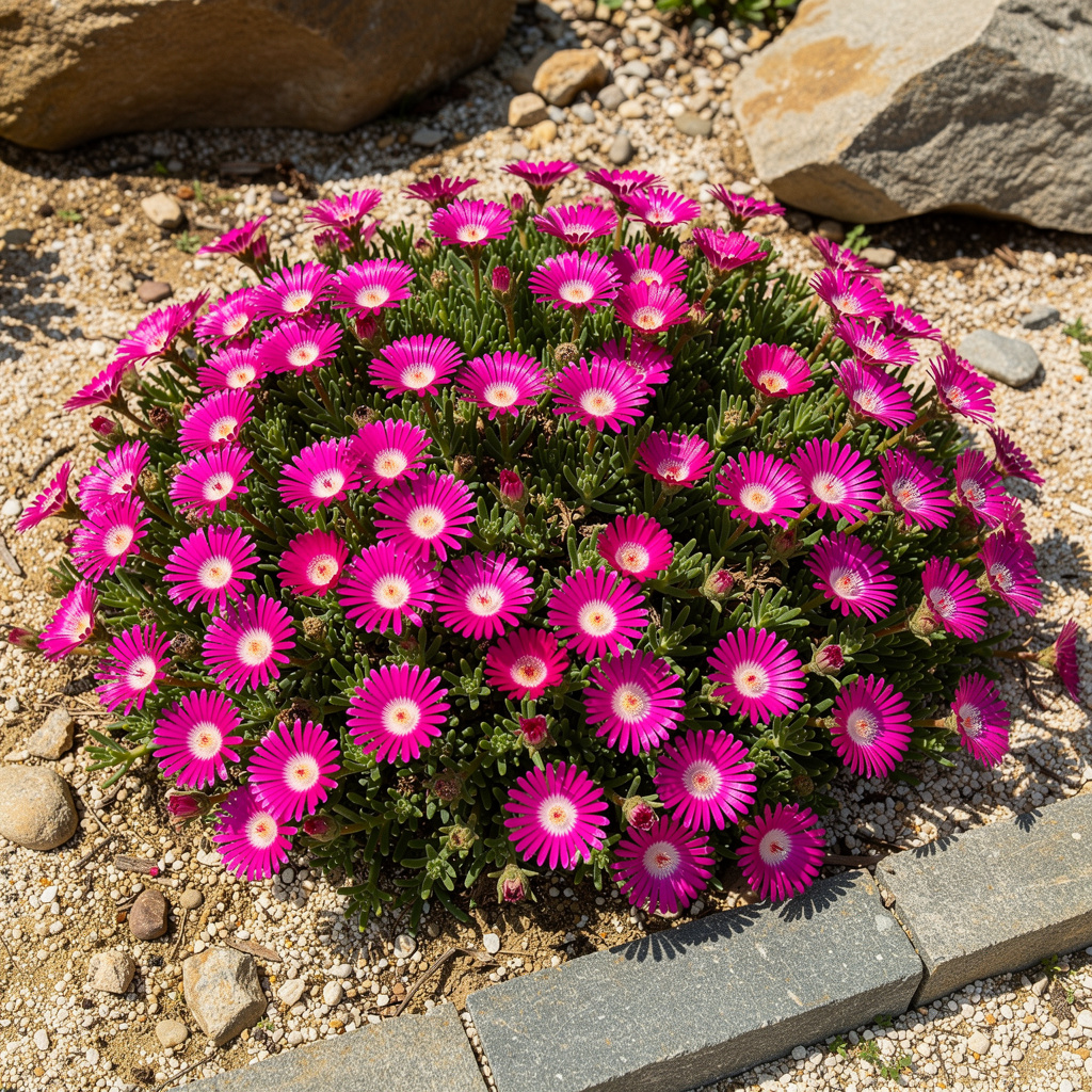 Delosperma aux fleurs magenta en rocaille sèche