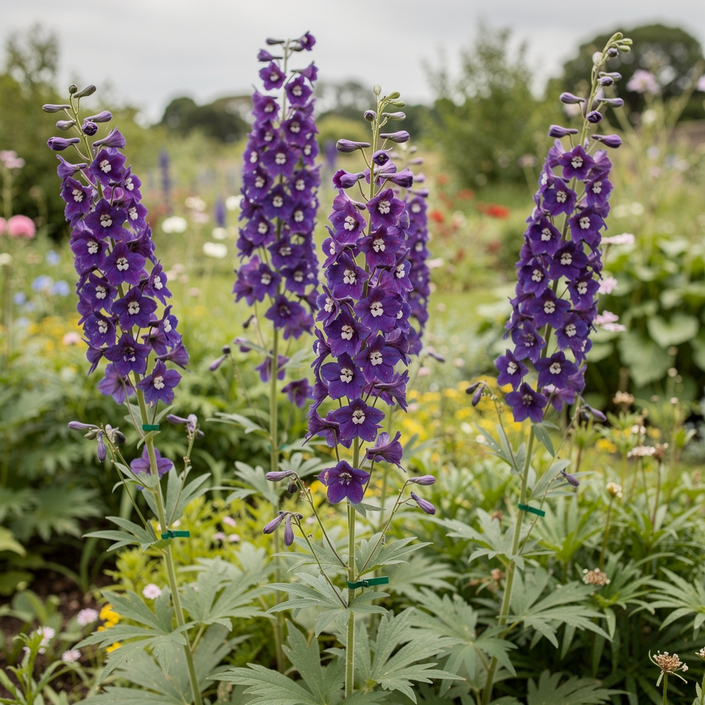 Hautes hampes de delphiniums violets au soleil