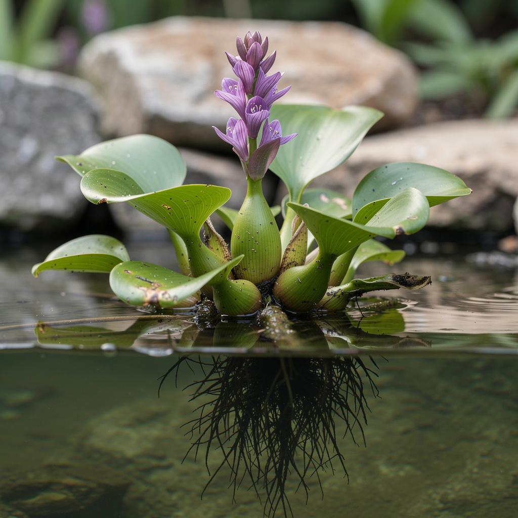 Pétioles renflés, feuilles luisantes et racines noires sous l’eau
