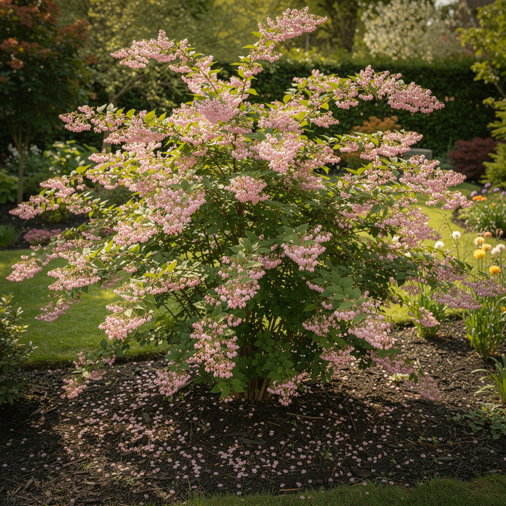 Deutzia couvert de petites clochettes roses en fin de printemps