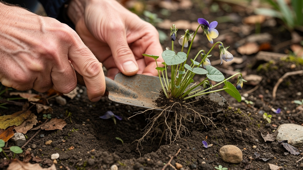 Éclat de violette odorante avec stolons et racines fines