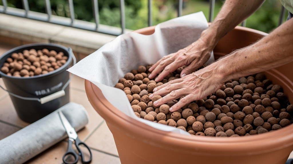 Billes d’argile et feutre géotextile posés au fond du pot