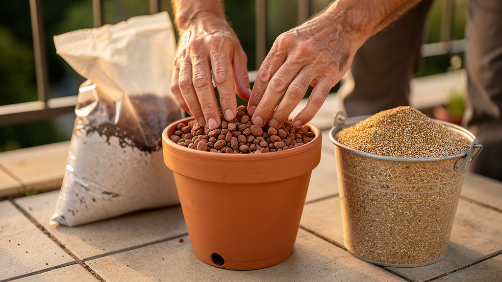 Billes d’argile au fond d’un pot percé pour un bon drainage