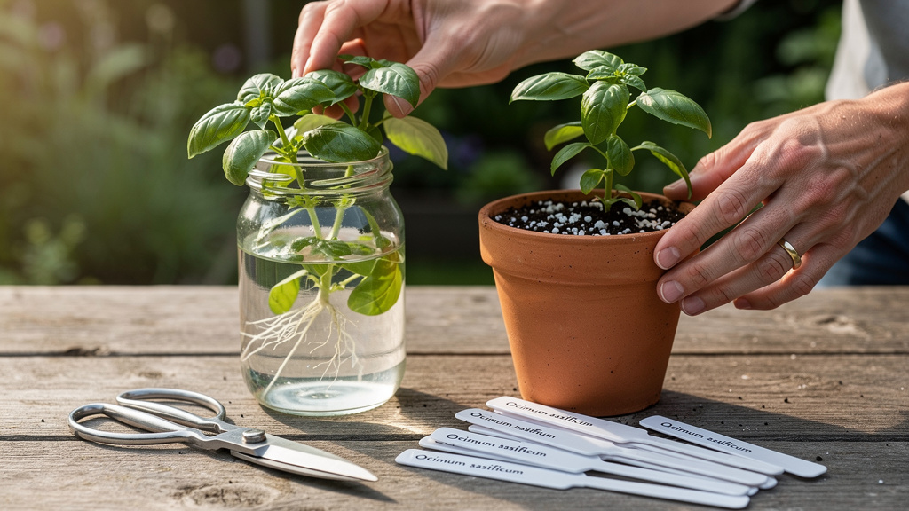 Bocal d’eau et petit pot illustrant les deux méthodes de bouturage