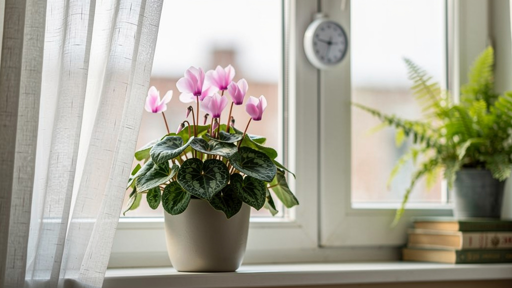 Cyclamen près d’une fenêtre orientée est, lumière filtrée et fraîcheur
