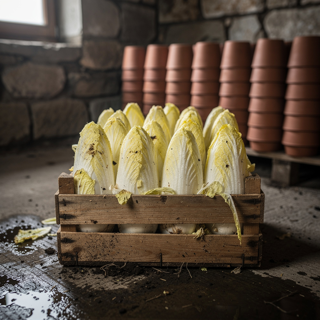 Endives pâles croquantes empilées dans une cagette en bois