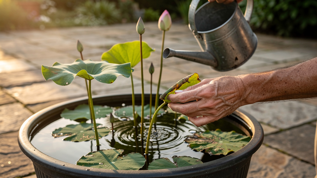 Arrosage du pot et retrait d’une feuille abîmée de lotus