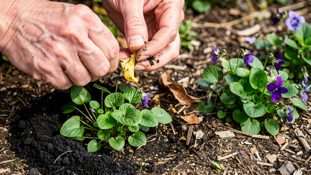 Main retirant feuilles abîmées et ajoutant compost au pied des violettes