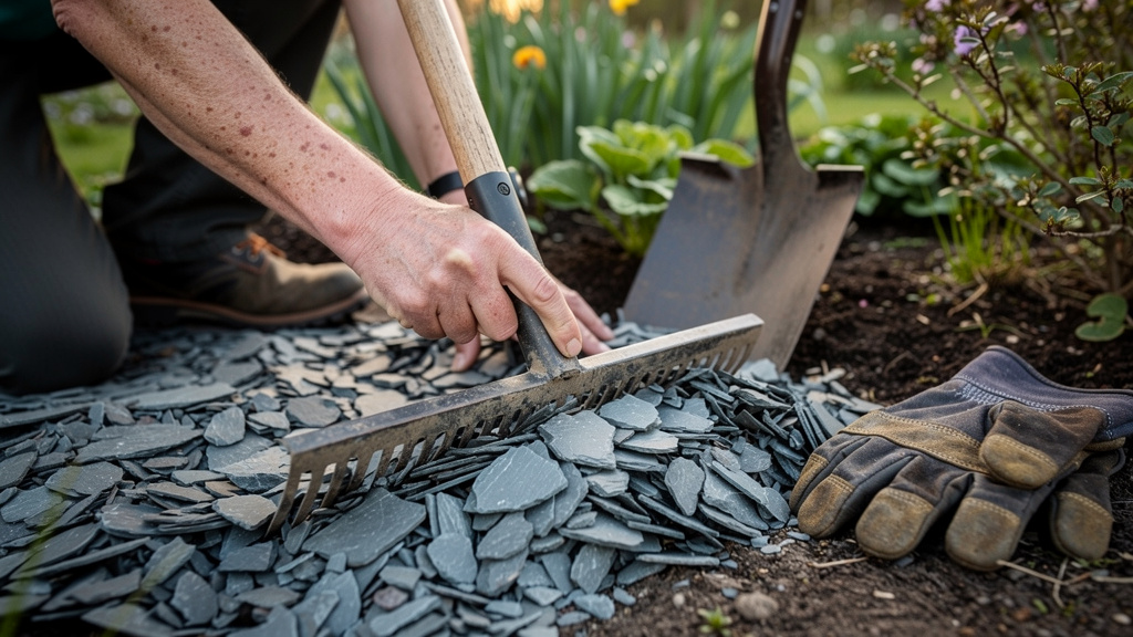 Étalement d’ardoise en couches régulières avec un râteau