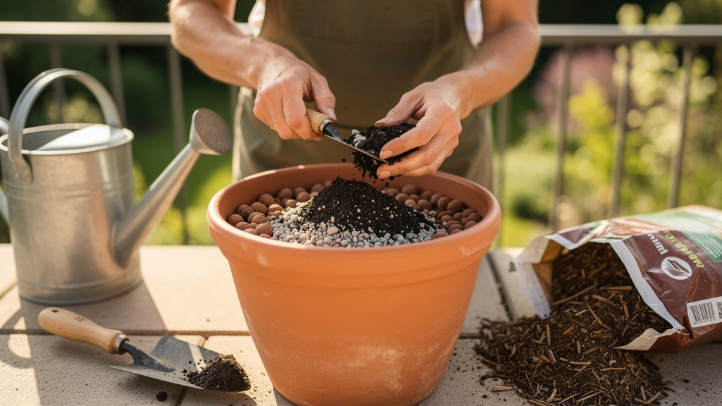 Rempotage d’un érable en grand pot sur terrasse ensoleillée