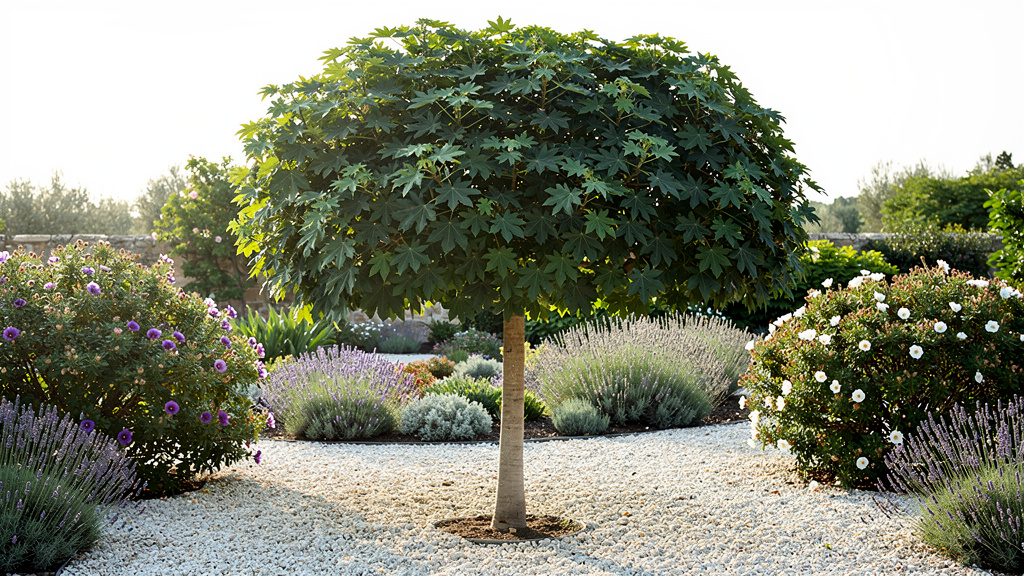 Arbre méditerranéen sur gravier avec lavandes et cistes en été