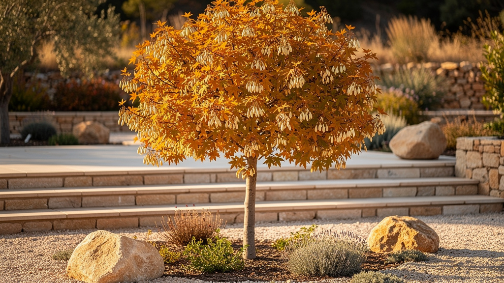 Érable de Montpellier doré en automne dans un jardin sec