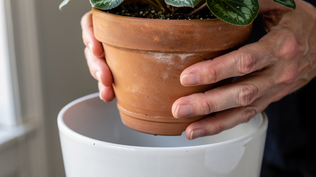 Pot de cyclamen retiré d’un cache-pot avec eau stagnante visible
