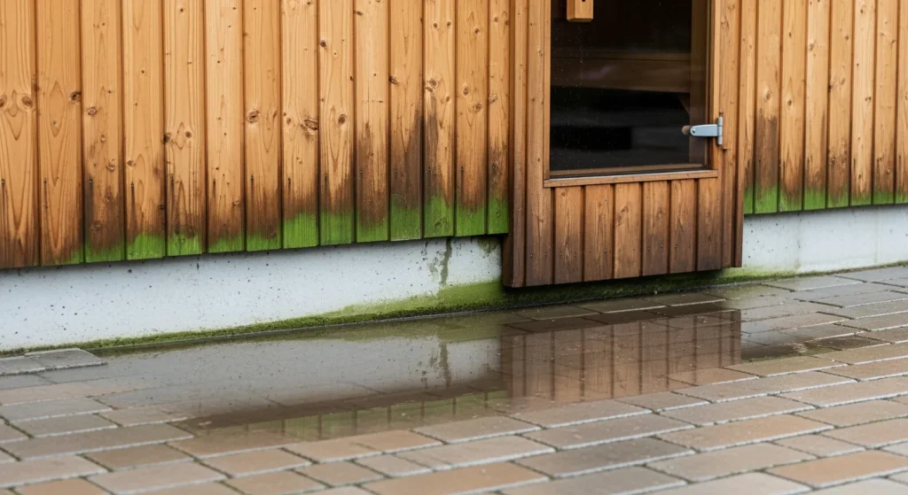 Flaque d’eau au pied du sauna et début de verdissement