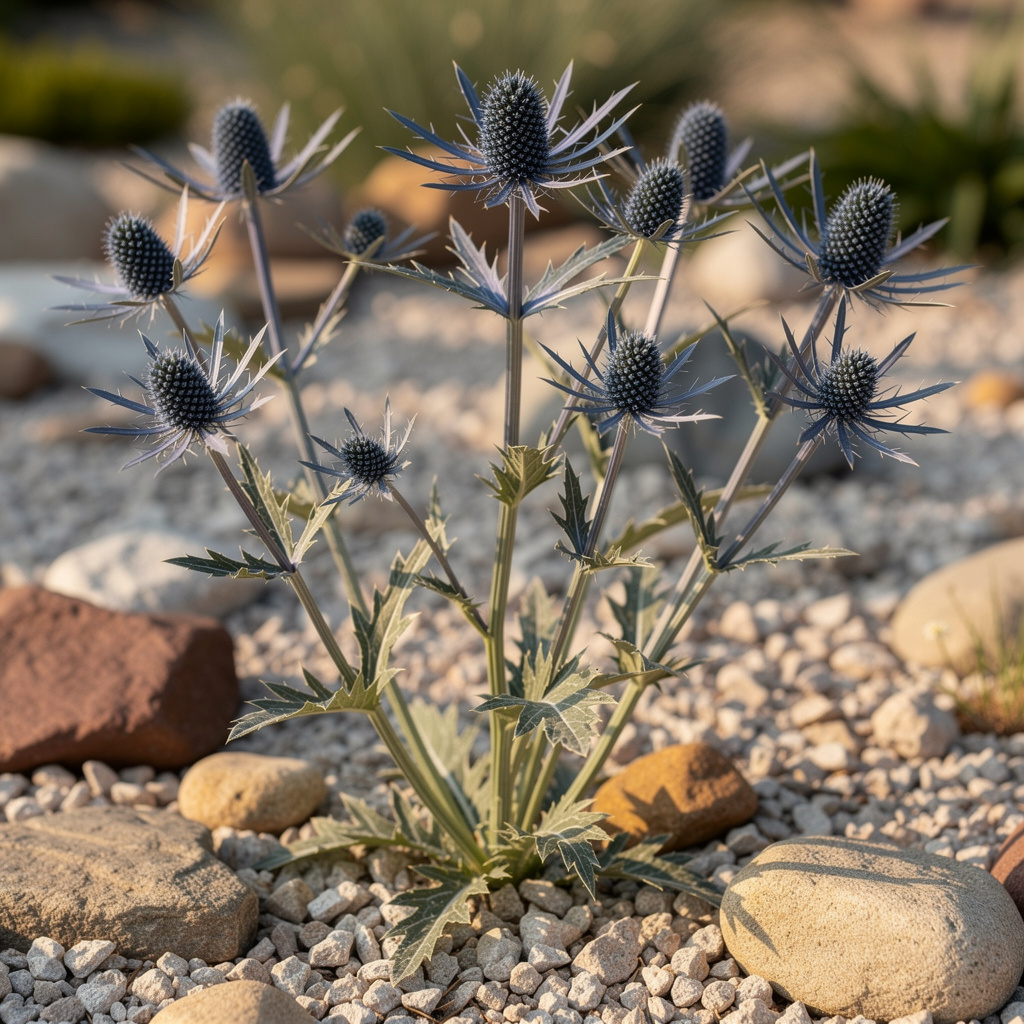 Ombelles métalliques bleues de chardon ornemental au soleil
