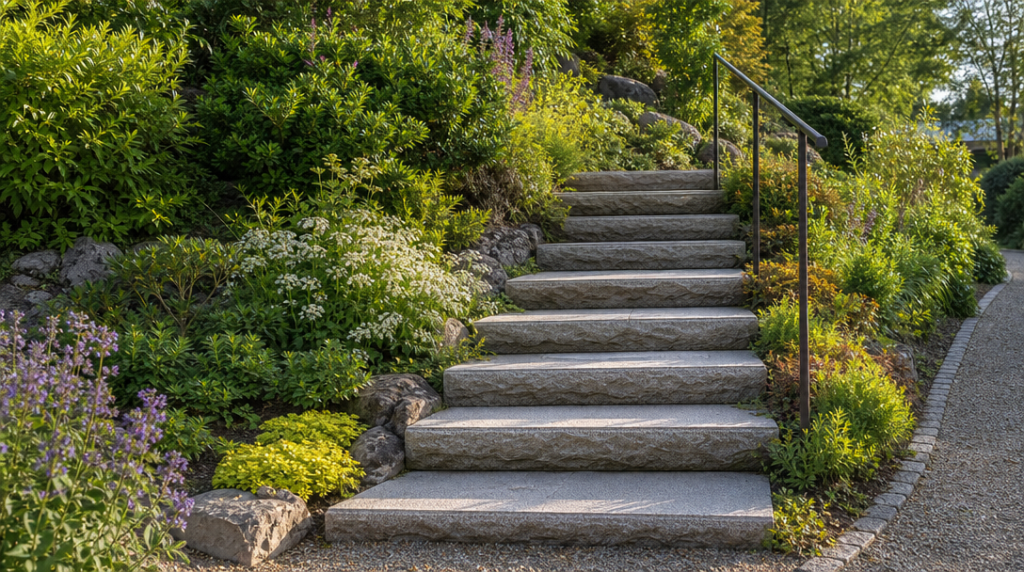 Escalier en pierre antidérapant avec main courante