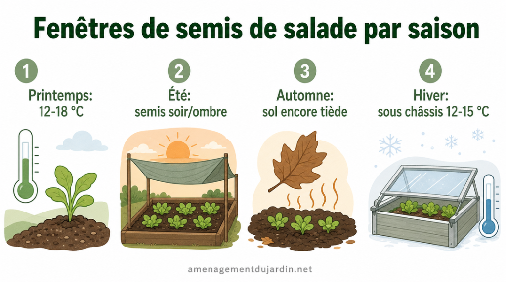 Calendrier saisonnier du semis de laitue avec repères de température