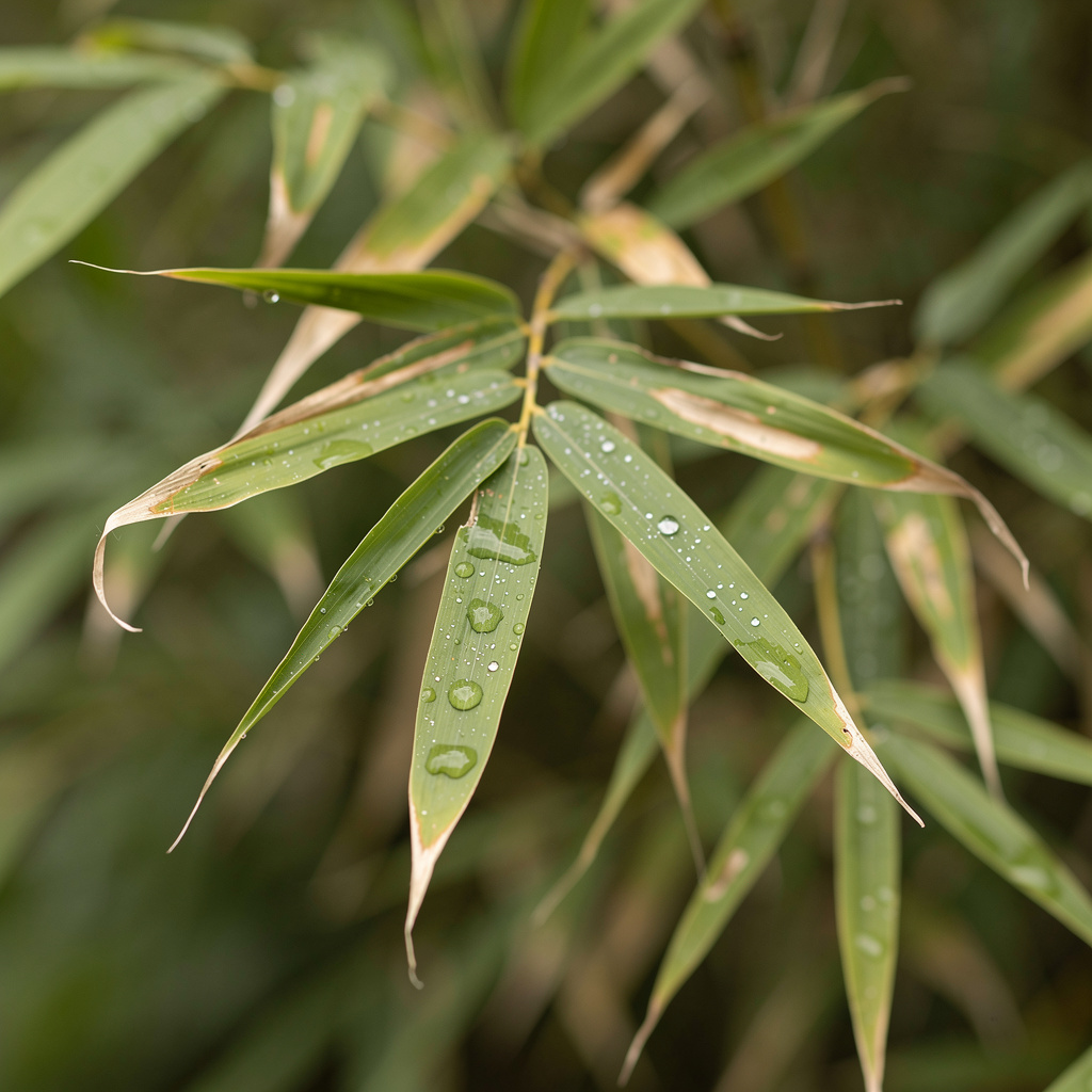 Feuilles de bambou légèrement enroulées avec jaunissement