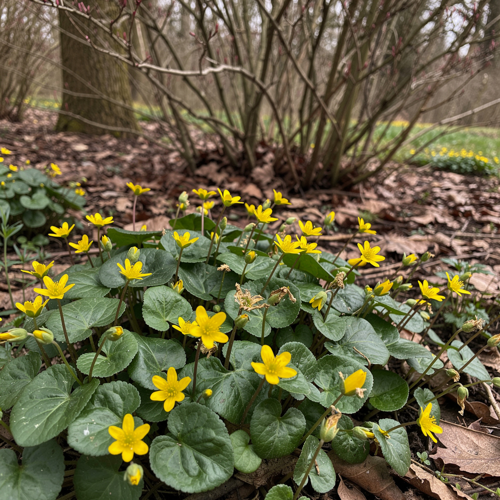 Tapis de ficaire jaune brillant en sous-bois frais
