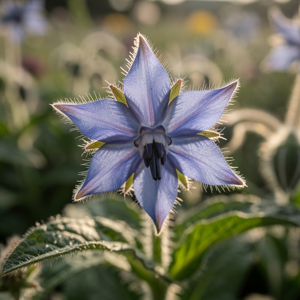 Fleur bleue en étoile avec étamines sombres, pédoncule velu