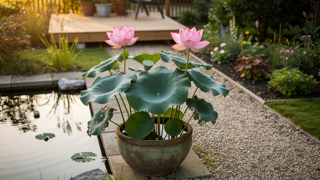 Lotus fleuri en pot près d’un bassin de jardin estival