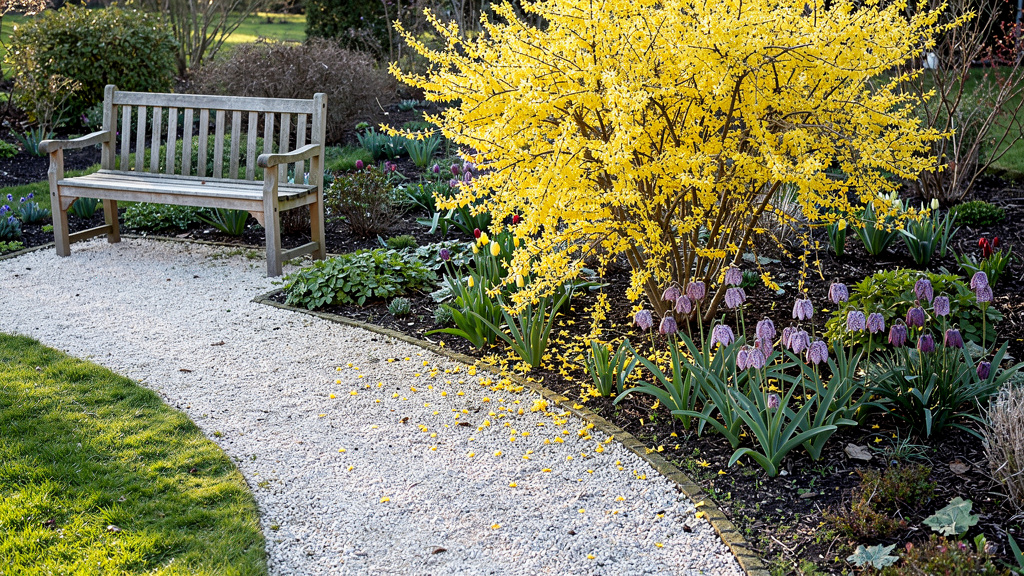 Massif de printemps avec forsythia jaune et fritillaires