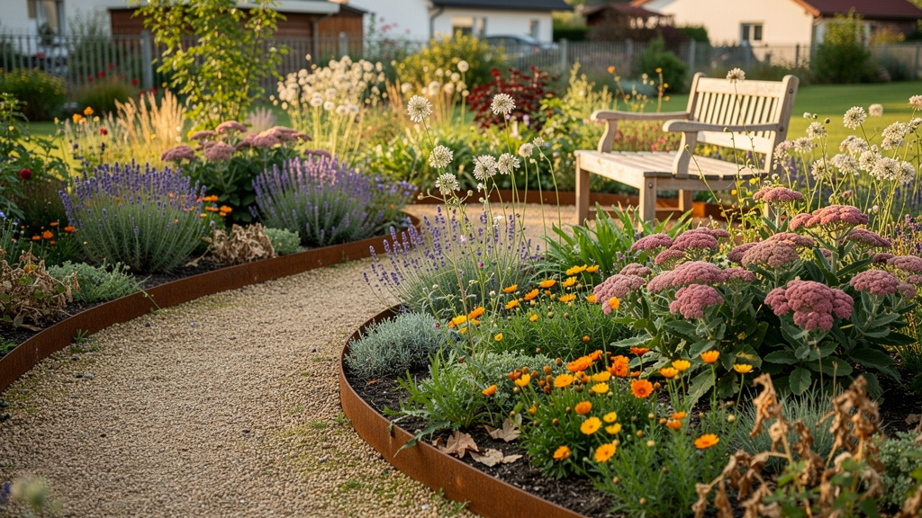 Massif d’été mêlant sauges, sedums, scabieuses et soucis