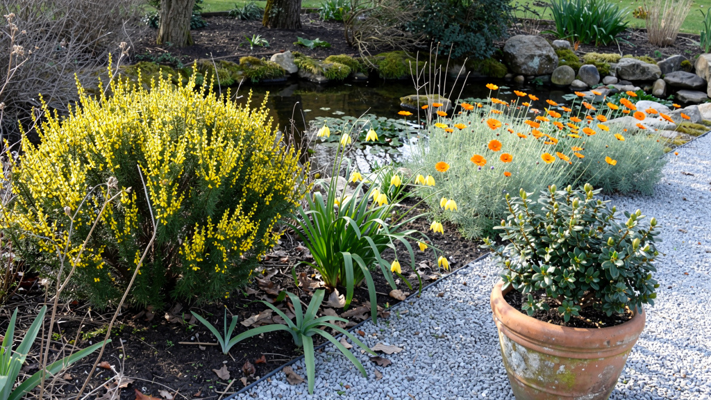 Jardin réel avec Ulex en fleurs, Uvularia en sous-bois et Ugni en pot