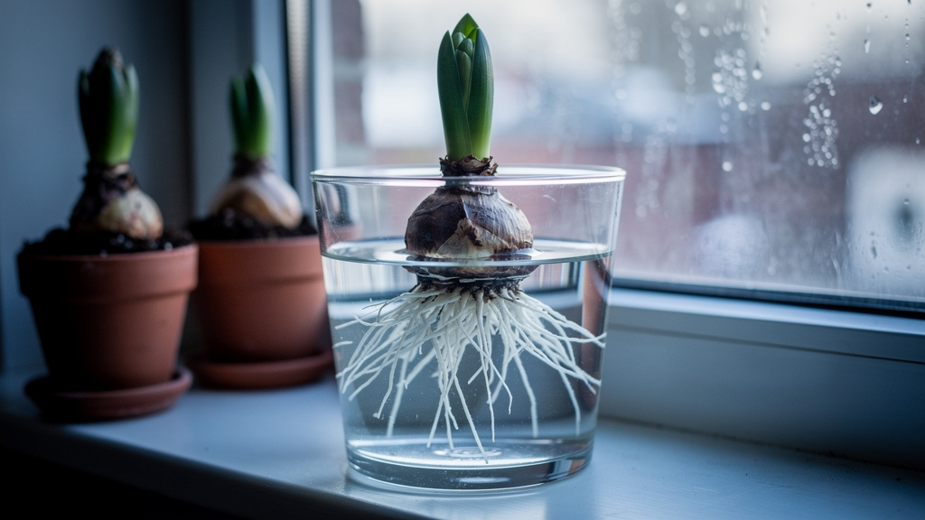 Bulbe de jacinthe sur vase, eau sous la base, racines visibles