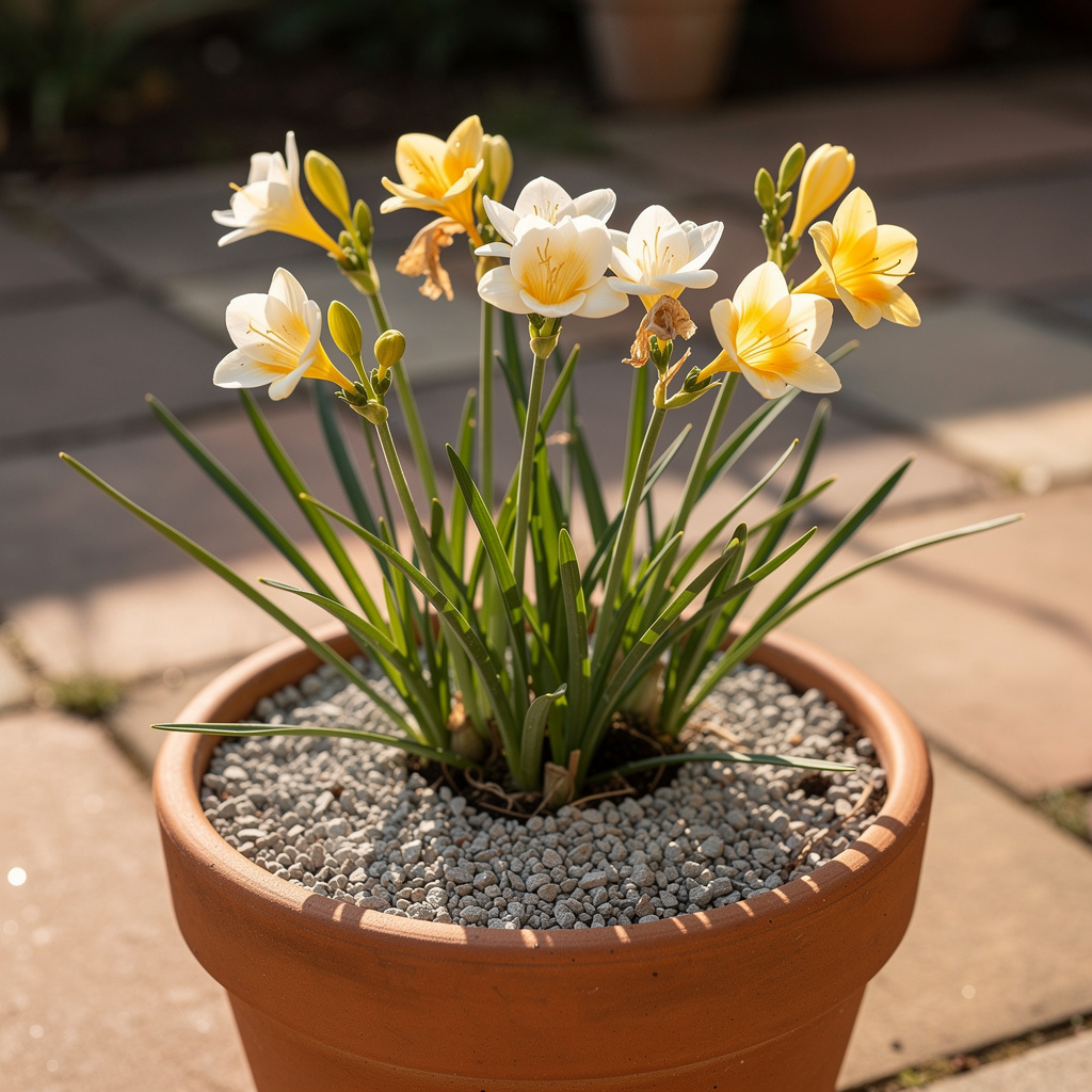 Freesia en fleurs parfumées en pot au soleil