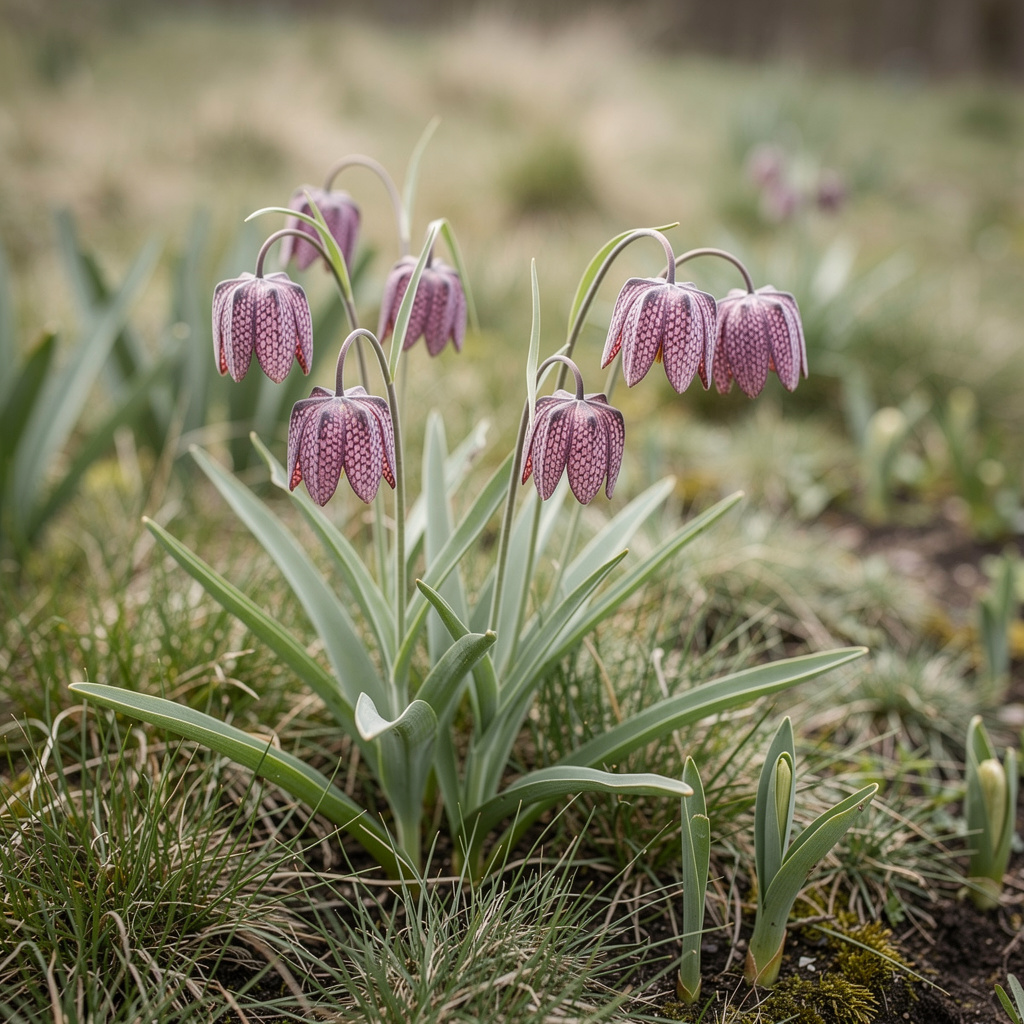 Fritillaires meleagris aux clochettes pourpres damier