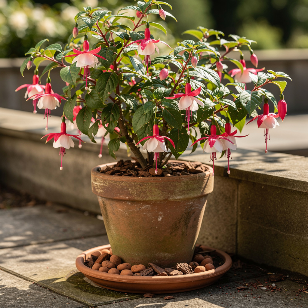 Fuchsia en pot, clochettes bicolores à mi-ombre