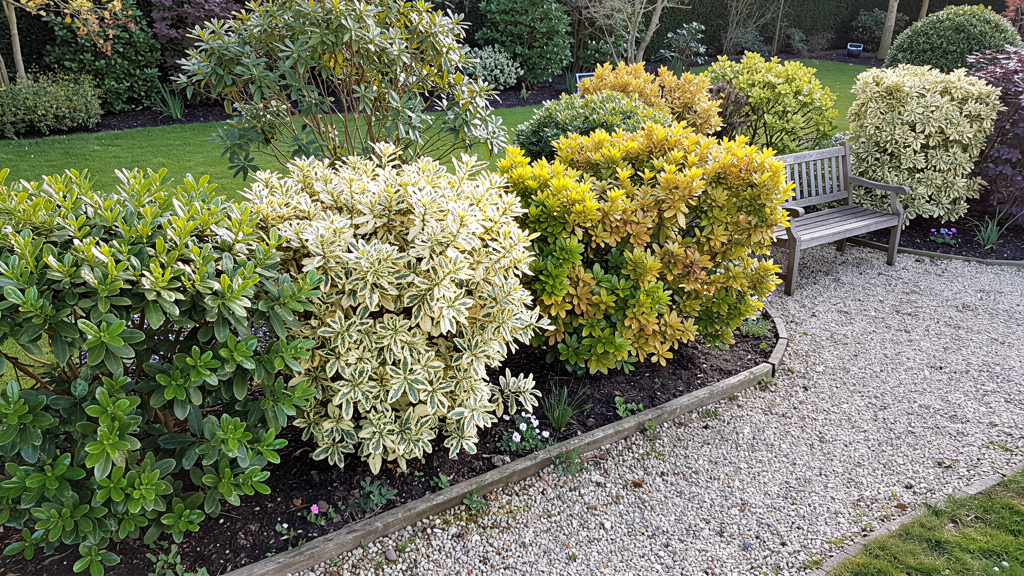 Haie mixte d’euonymus panachés le long d’une pelouse