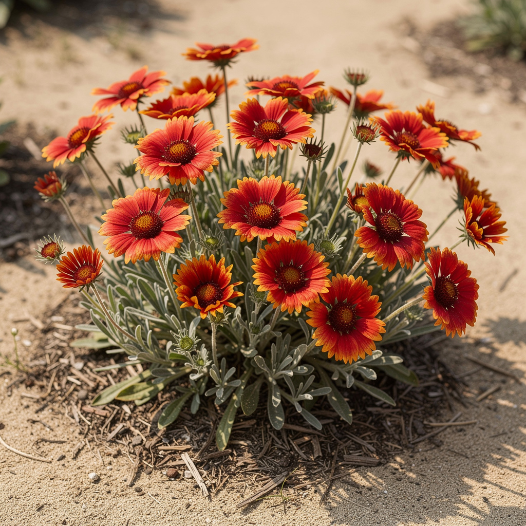 Touffe de gaillardes rouges en fleurs sur sol sableux