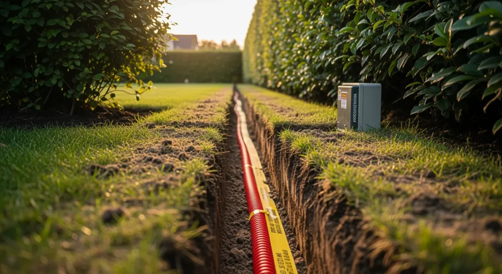 Tranchée de jardin avec gaine rouge enterrée et coffret discret