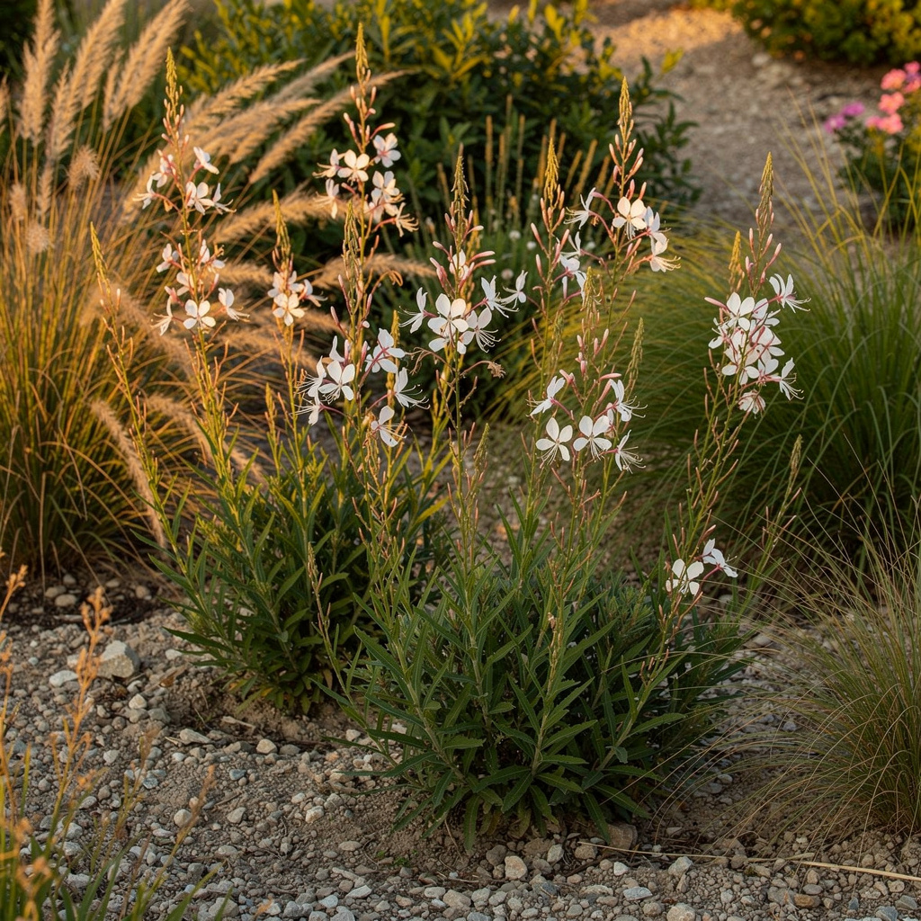 Tiges fines de gaura aux fleurs blanches légères