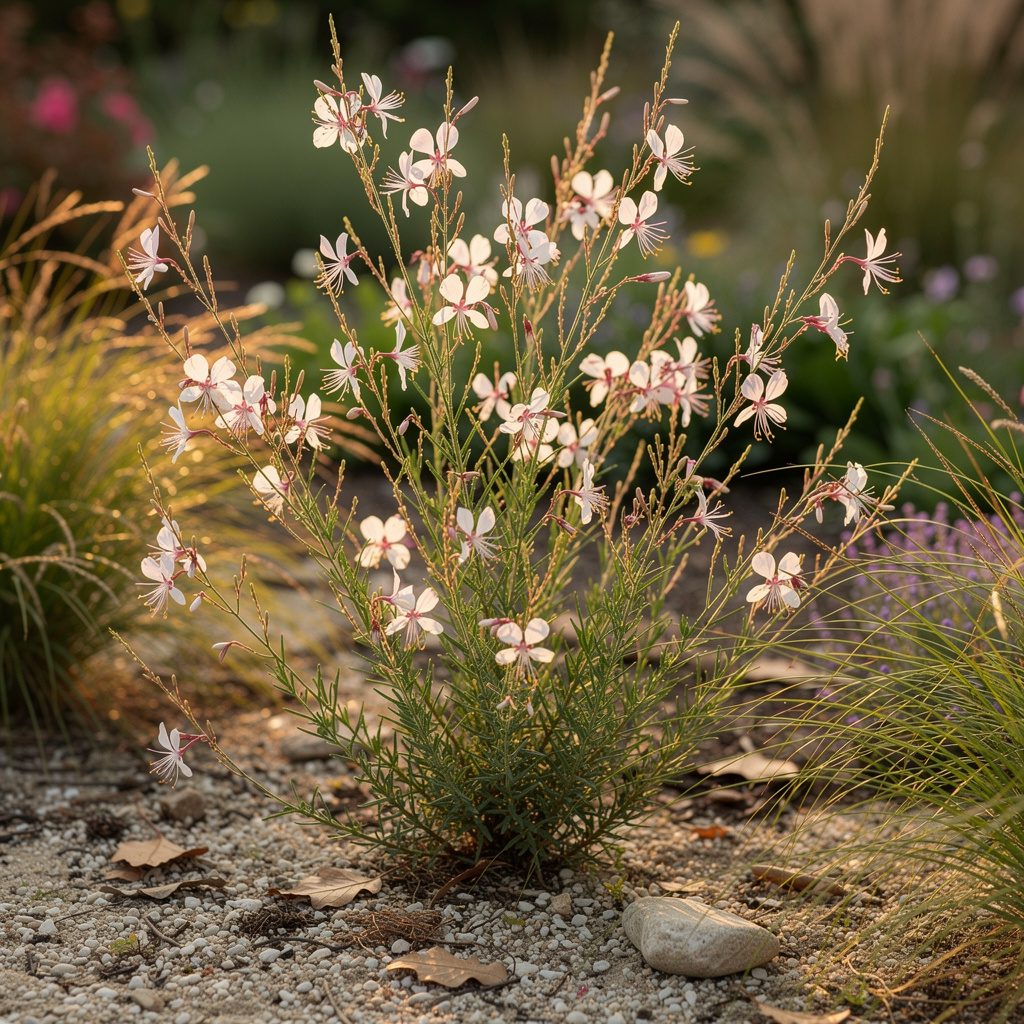 Nuage de petites fleurs de gaura au vent léger