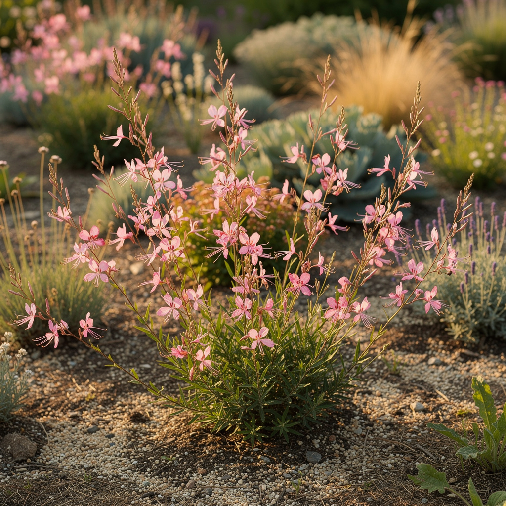 Fines hampes de gaura roses au port aérien dans un massif sec