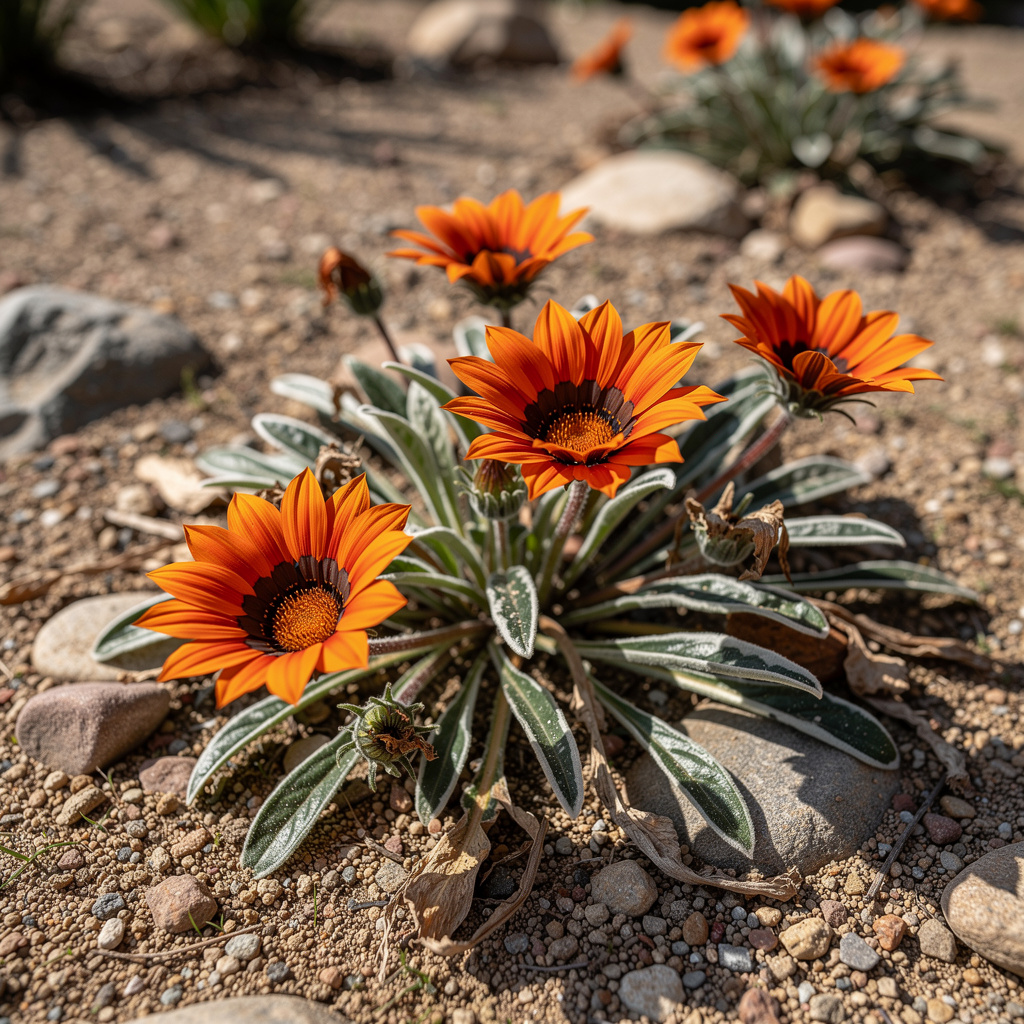 Gazania bas à fleurs orange en rocaille sèche