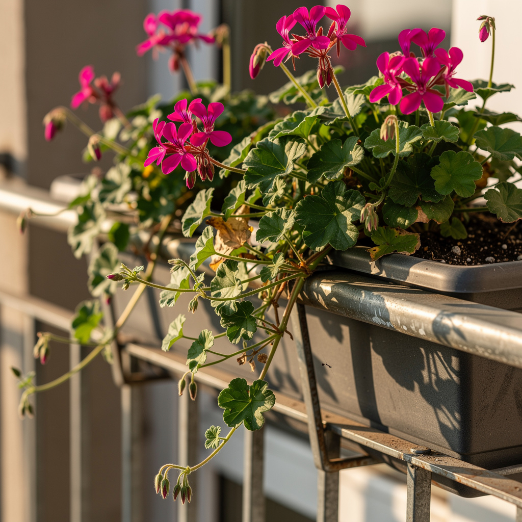 Géranium retombant magenta débordant d’une jardinière