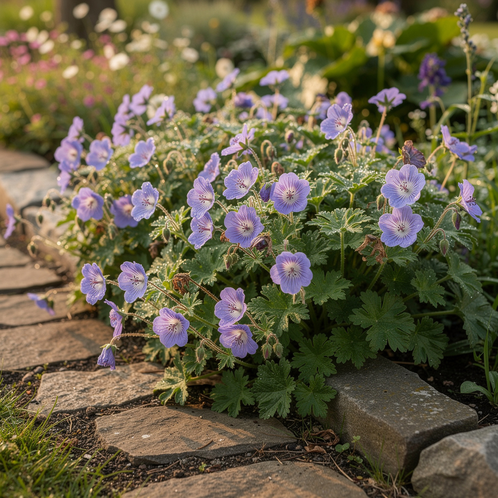 Fleurs violettes du géranium Rozanne en bordure