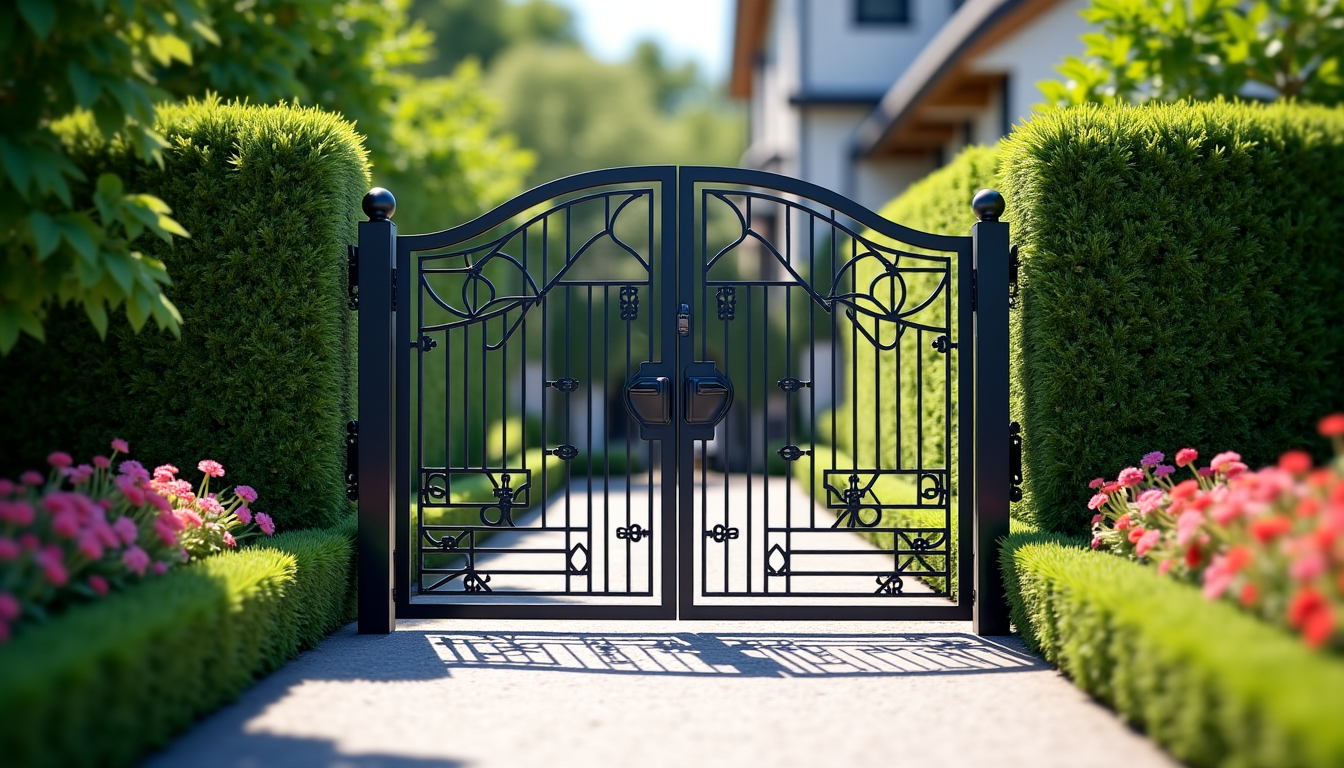 Grille d’entrée en fer forgé entre haies et fleurs
