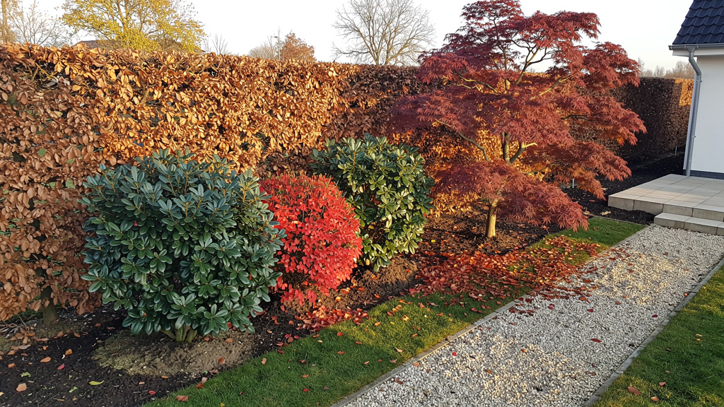 Haie mixte avec hêtre marcescent, photinia et érable en automne