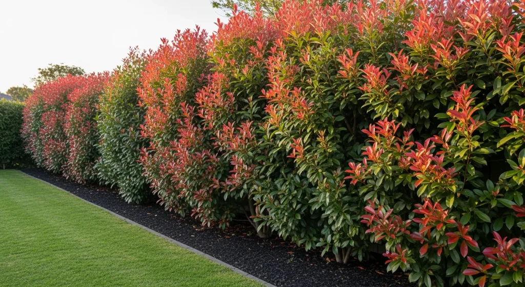Haie de photinia dense avec jeunes pousses rouges au printemps le long d’une pelouse
