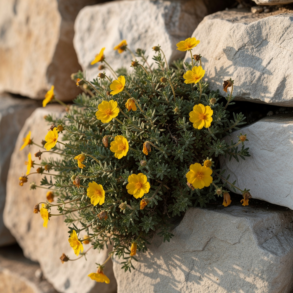 Fleurs jaunes d’hélianthème sur feuillage gris-vert en rocaille